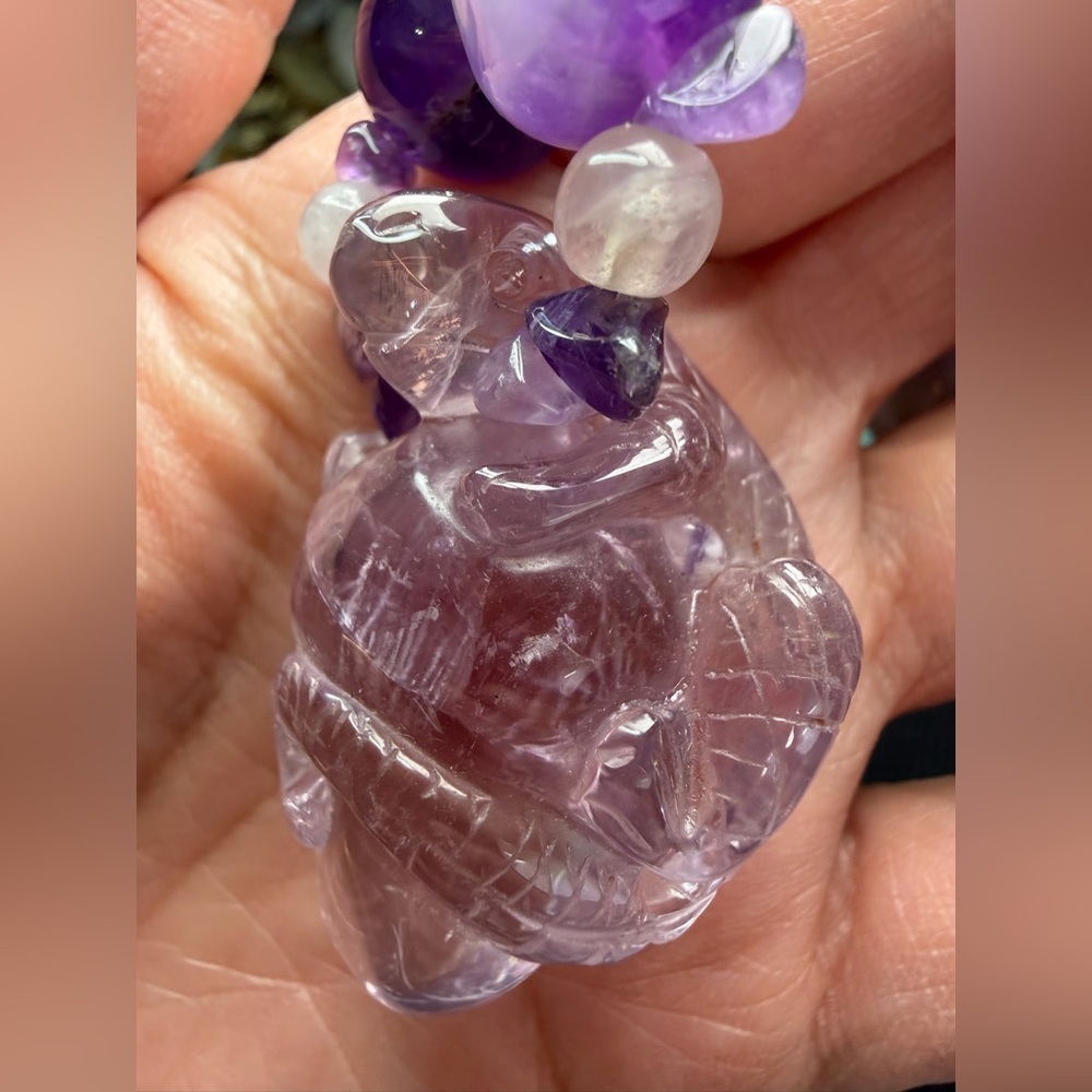 Carved amethyst lizard pendant with amethyst rock crystal necklace